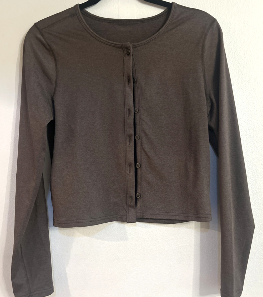Vuori Halo Cardigan 2.0 Java Heather Women's S Long Sleeve Cropped Soft Stretch